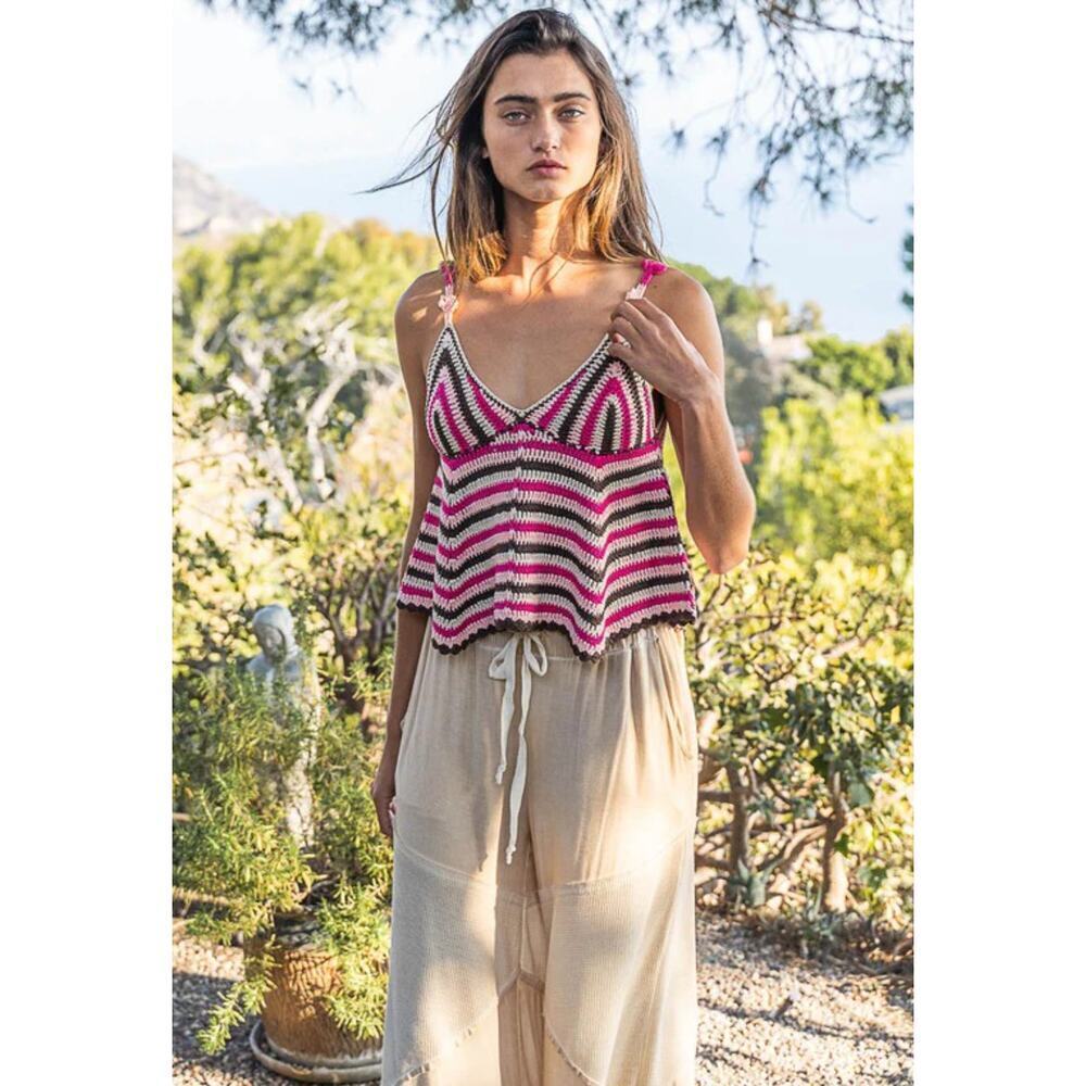 New with Tags Pol Boho Crocheted Striped Babydoll Tank SZ S